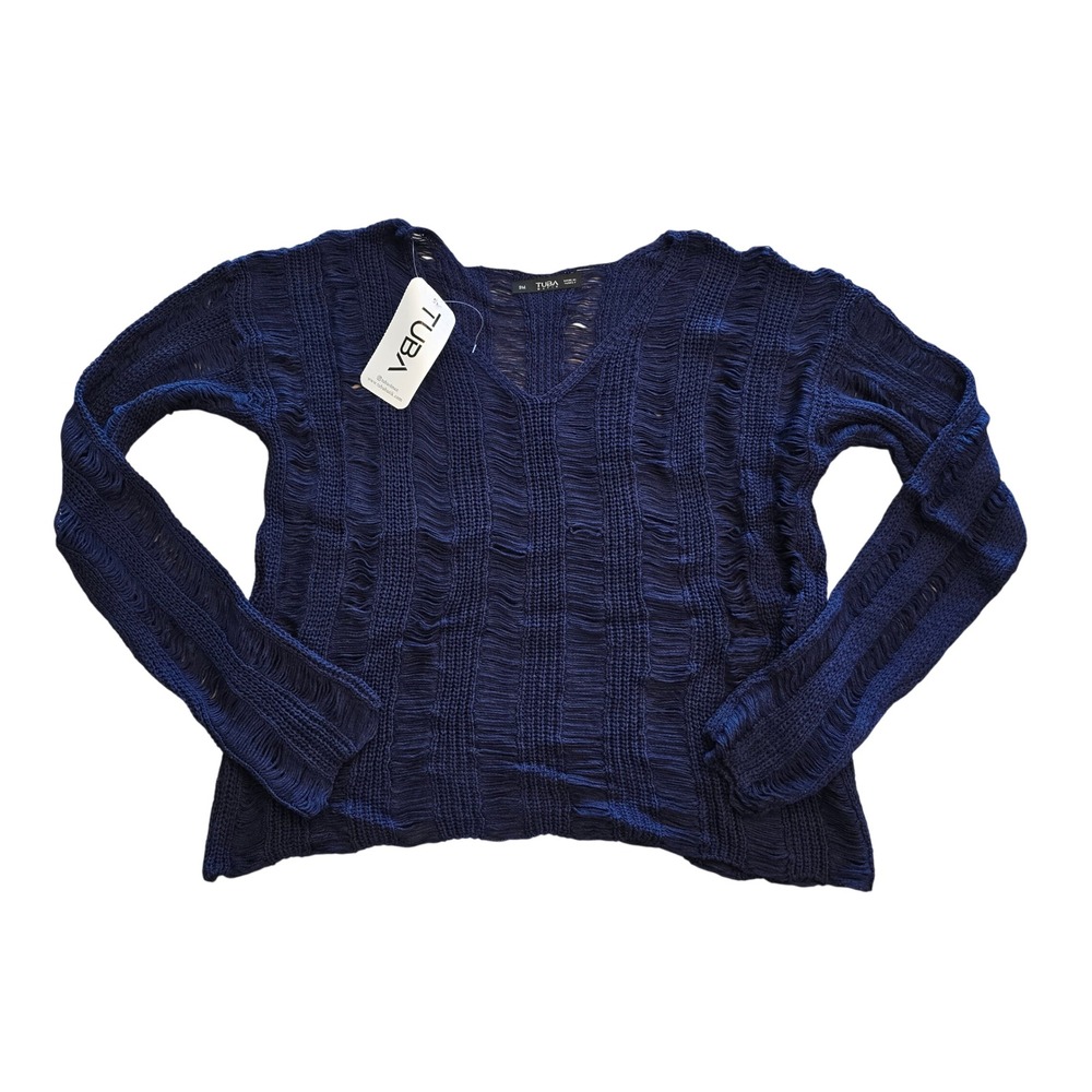 Tuba Butik Navy Blue Open Knit Pointelle Crop Sweater TB11994 Women Std Boho
